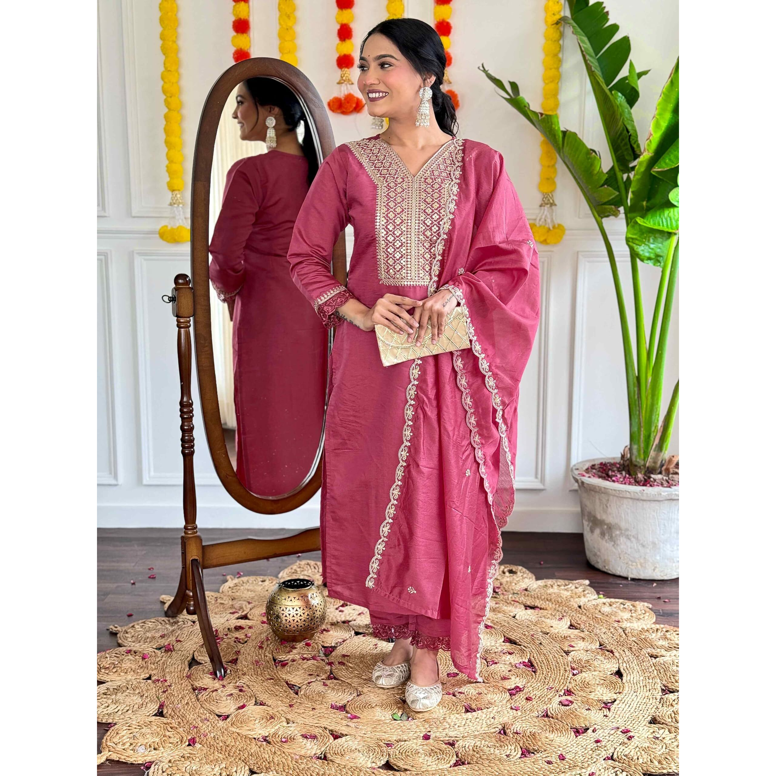 Shiv Textiles Women's Chanderi Silk Embroidered Kurta Pant Dupatta Set(Jda-Madhavi-Pink-Xxl)