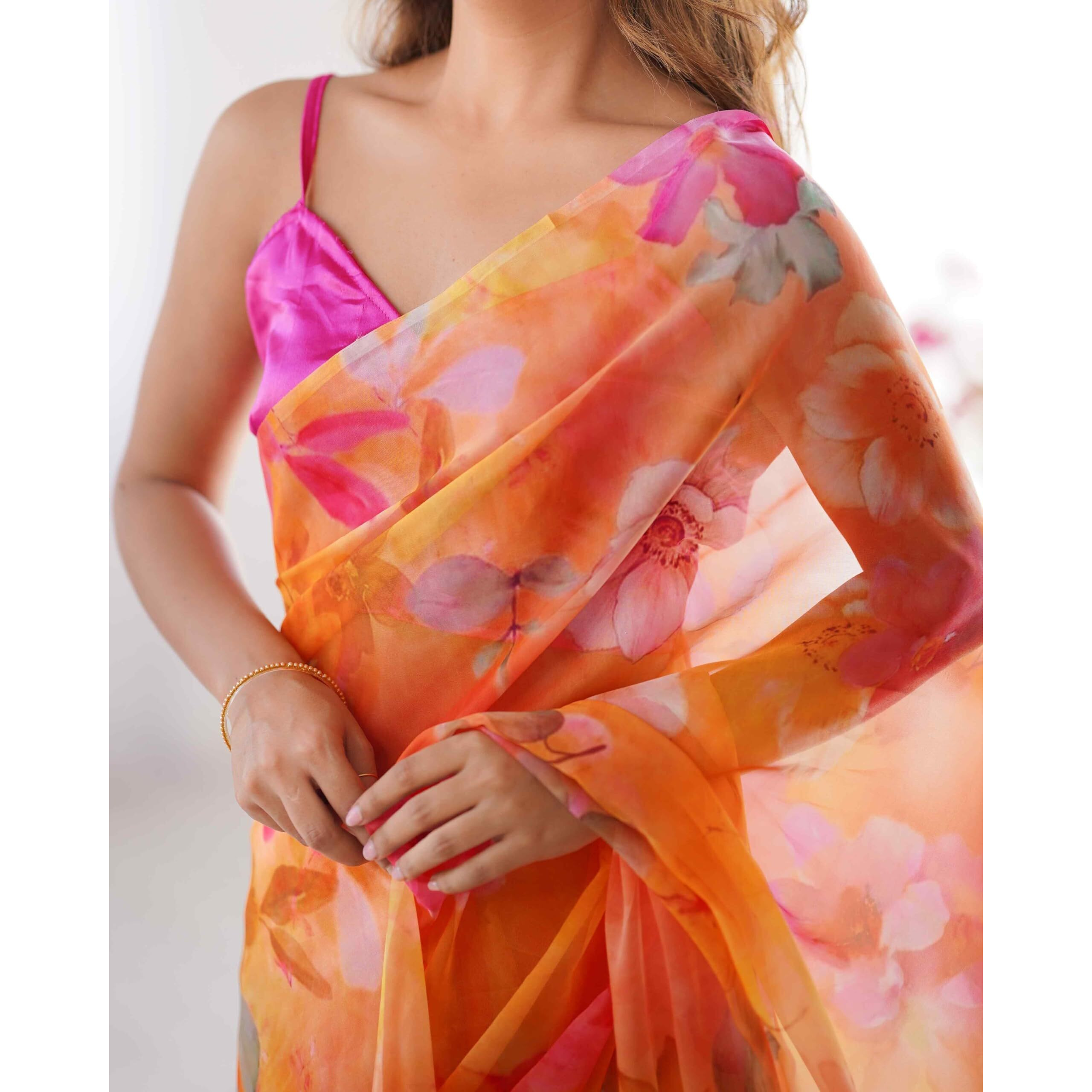 Shiv Textiles Women's Organza Printed Saree(Kls-5019-Orange)