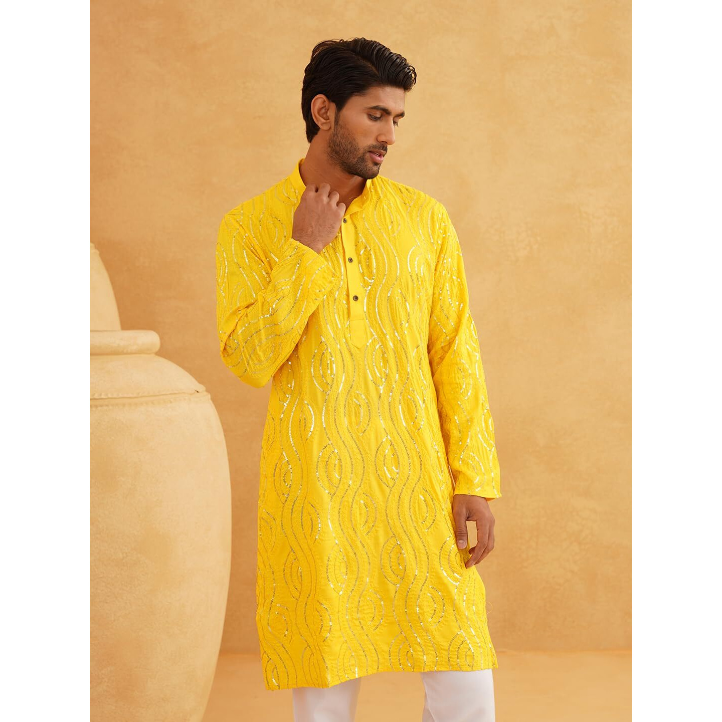 Sojanya (Since 1958 Men's Embroidered Sequinned Cotton Mustard Long Kurta