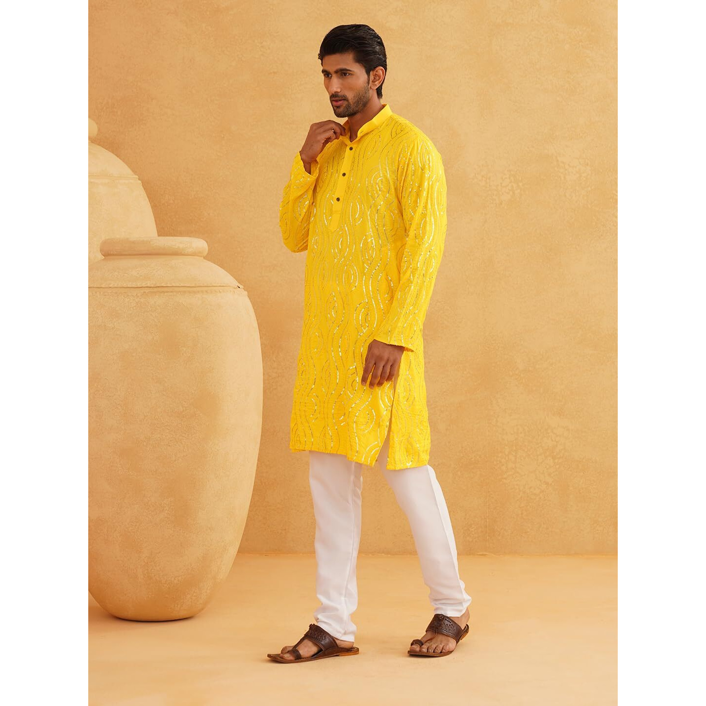 Sojanya (Since 1958 Men's Embroidered Sequinned Cotton Mustard Long Kurta