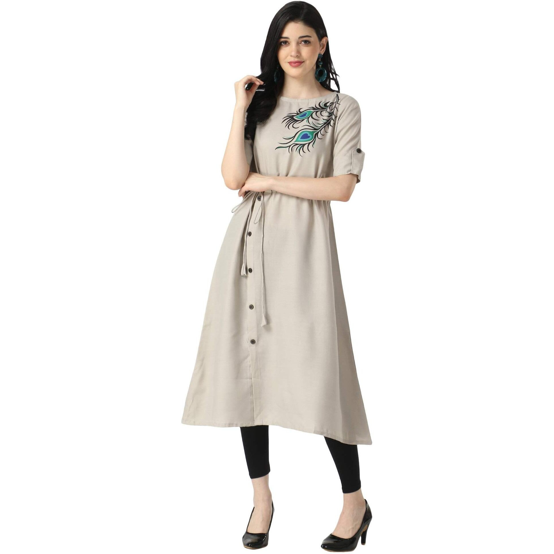 Om Sai Latest Creation Women's Slub Cotton Mor Pankh Printed Anarkali Kurti New Selection 2023 Under 399 Designer Attractive Look Women's Kurta (Plus Size Upto 3Xl) (Xx-Large, Grey)