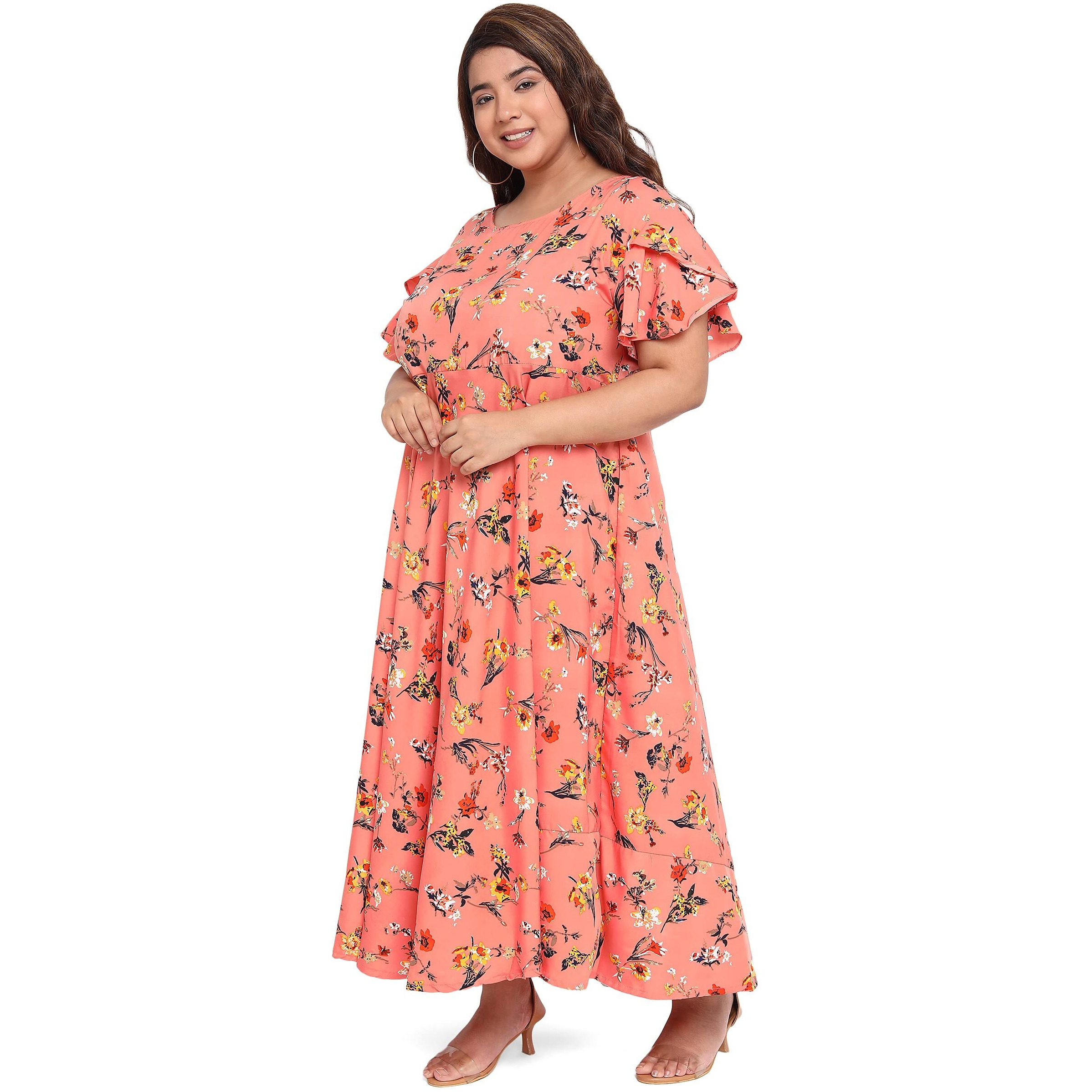 Oomph Women's Western & Fusion Wear Crepe A-Line Maxi Plus Size Dress - Blush Red - Od240_6Xl
