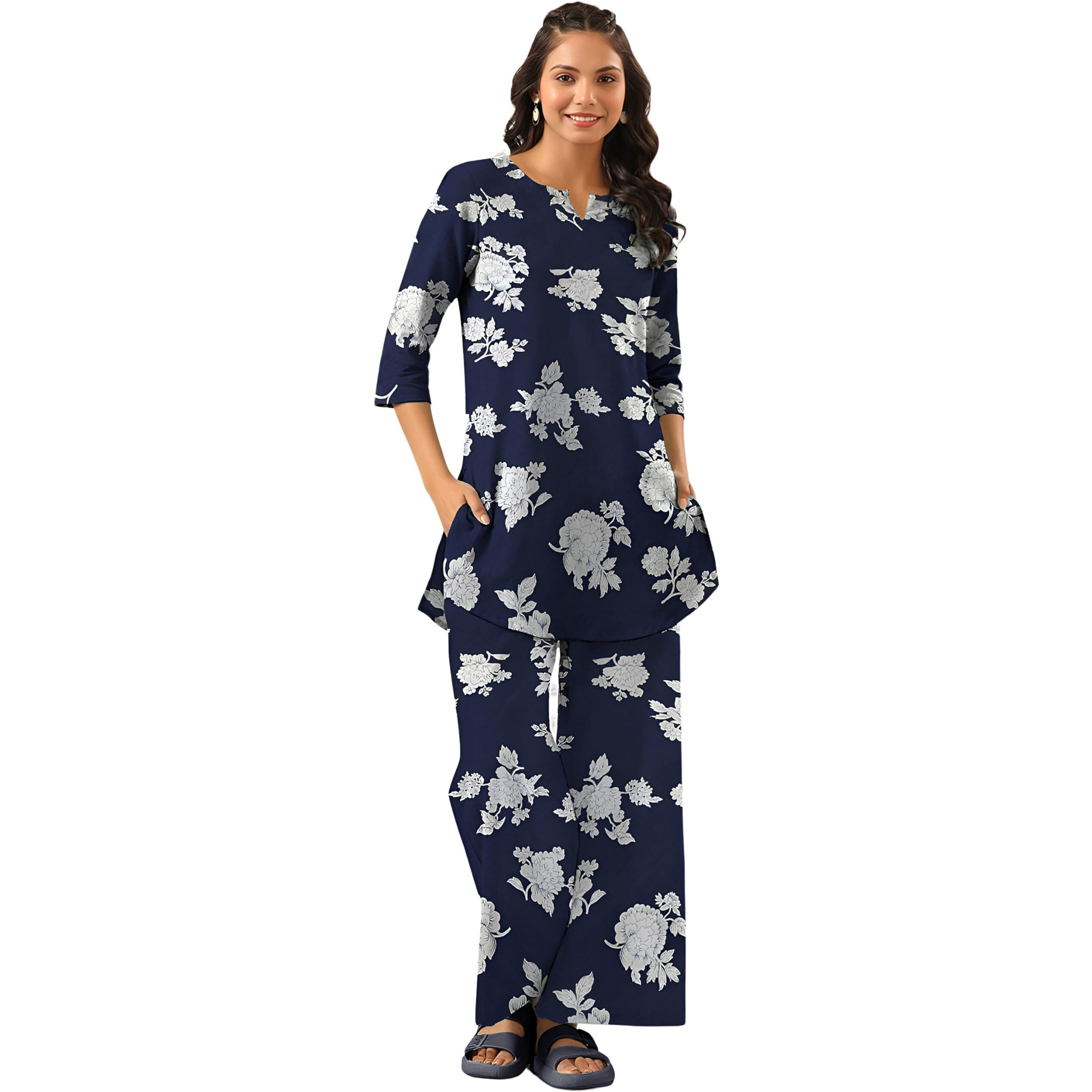Tee Projekt Cotton Ethnic Wear Co Ord Set For Women | Travel Co Ord Set For Women Navy Blue