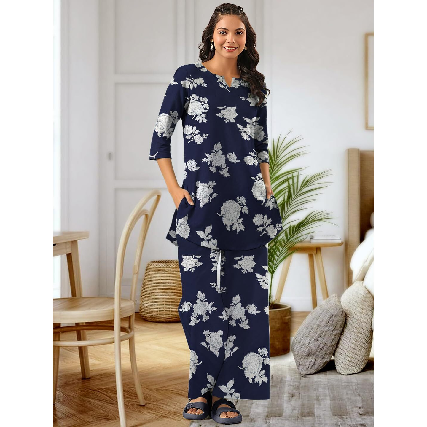 Tee Projekt Cotton Ethnic Wear Co Ord Set For Women | Travel Co Ord Set For Women Navy Blue