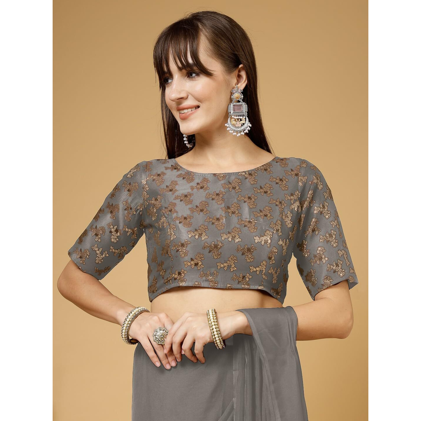 Oomph Women's Indian Ethnic Wear Designer Botanical Pattern Zari Work Boat Neck Half Sleeve Cloud Grey Color Brocade Readymade Blouse For Saree Or Lehnga And Fusion Twist. L