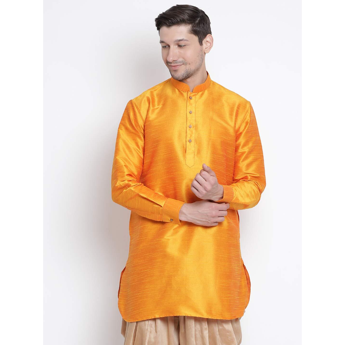 Vastramay Men's Orange Silk Blend Kurta(Vasmuk001Or-36)