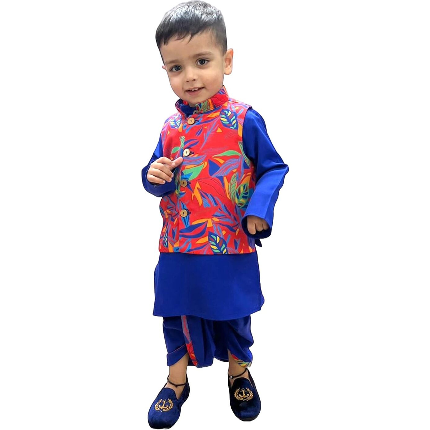 A.T.U.N. (All Things Uber Nice) Boys Royal Blue Wine Kurta Dhoti With Red Abstract Printed Nehru Jacket (3 Piece Set)