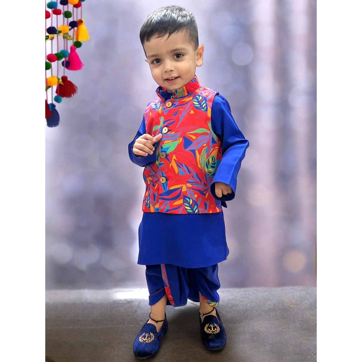 A.T.U.N. (All Things Uber Nice) Boys Royal Blue Wine Kurta Dhoti With Red Abstract Printed Nehru Jacket (3 Piece Set)