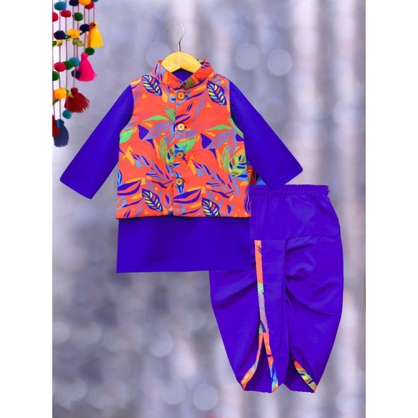 A.T.U.N. (All Things Uber Nice) Boys Royal Blue Wine Kurta Dhoti With Red Abstract Printed Nehru Jacket (3 Piece Set)