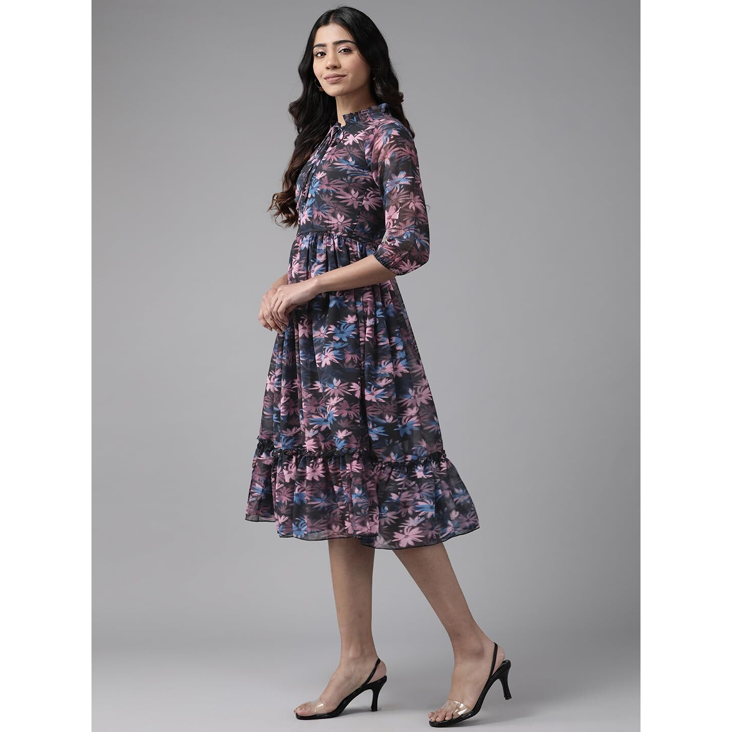 Aarika Womens Black Colour Floral Print Georgette Dress (S-Xxl)