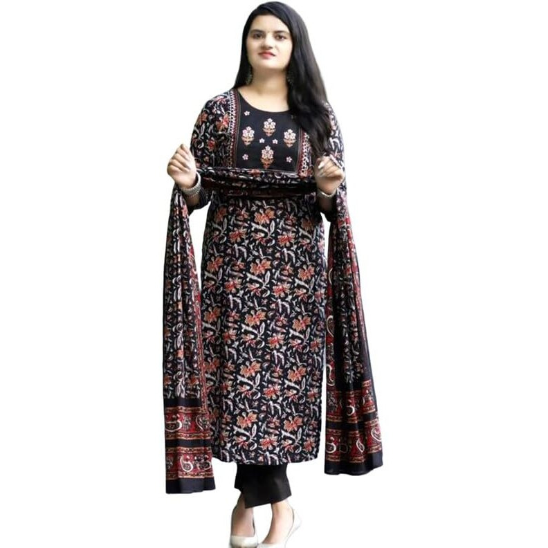 Pinkmint Women's Cotton Blend Straight Printed Kurta With Pant & Dupatta Black