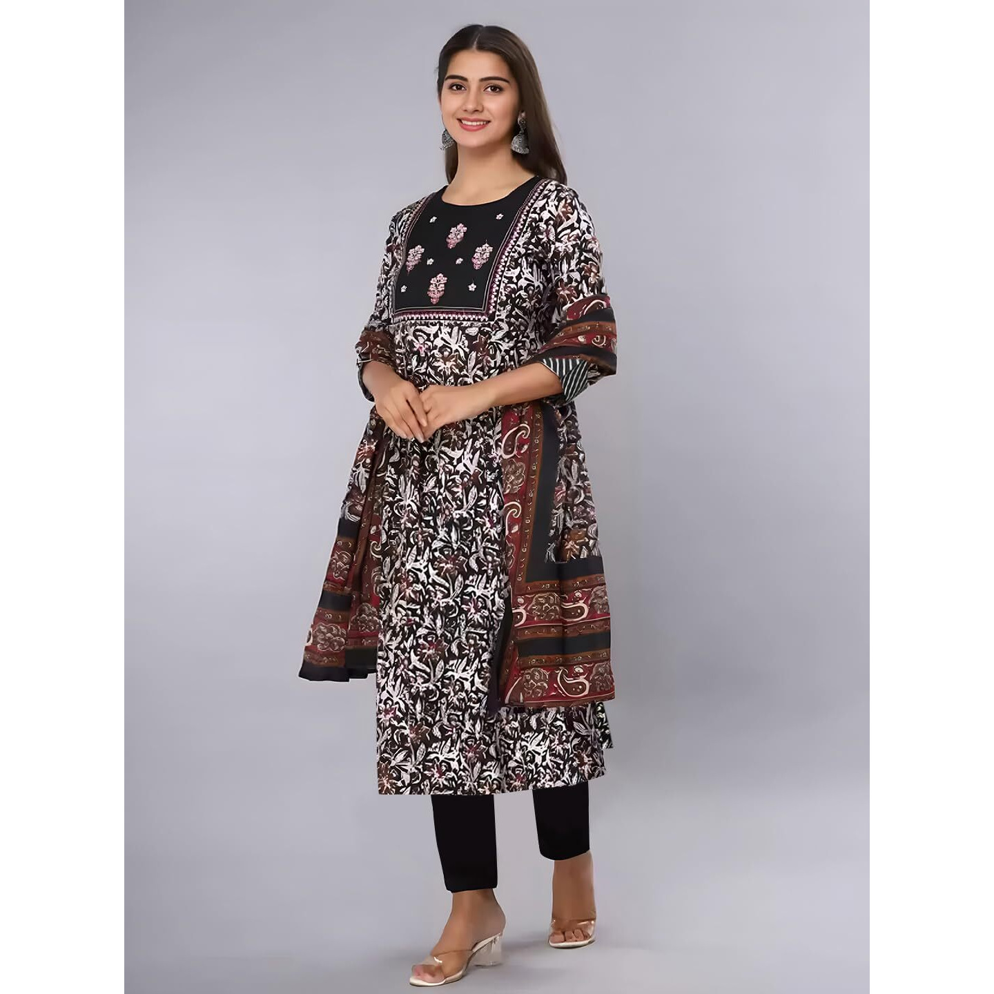 Pinkmint Women's Cotton Blend Straight Printed Kurta With Pant & Dupatta Black