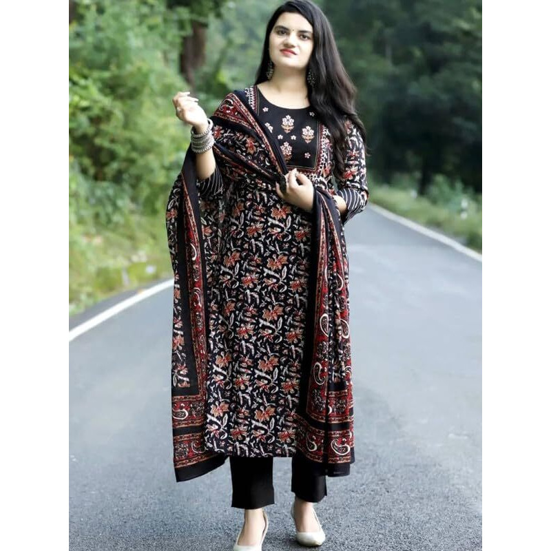 Pinkmint Women's Cotton Blend Straight Printed Kurta With Pant & Dupatta Black