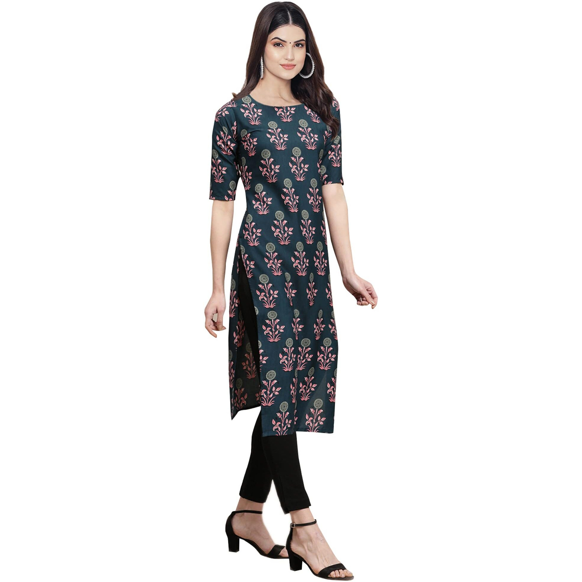 Pinkmint Women's Crepe Teal Color Floral Printed Straight Kurti (530335-Xl)