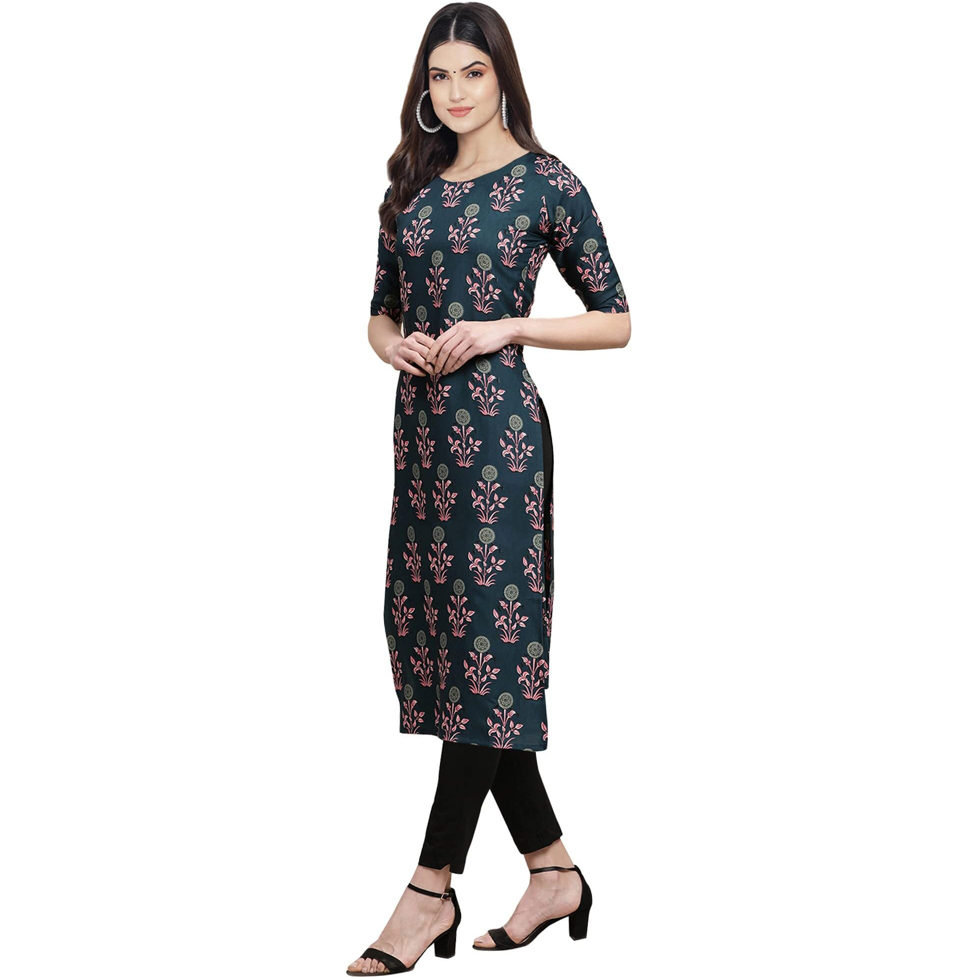 Pinkmint Women's Crepe Teal Color Floral Printed Straight Kurti (530335-Xl)