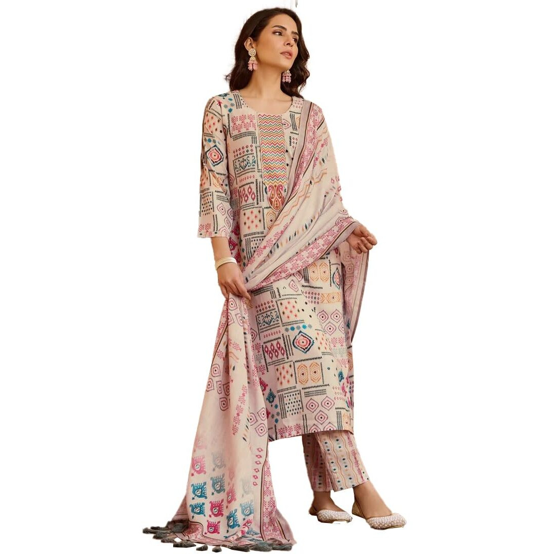 Fashion Basket Cotton Printed Kurta Set For Women Beige
