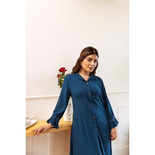 Blue Solid Shirt Collar Rayon Kurta With Pants