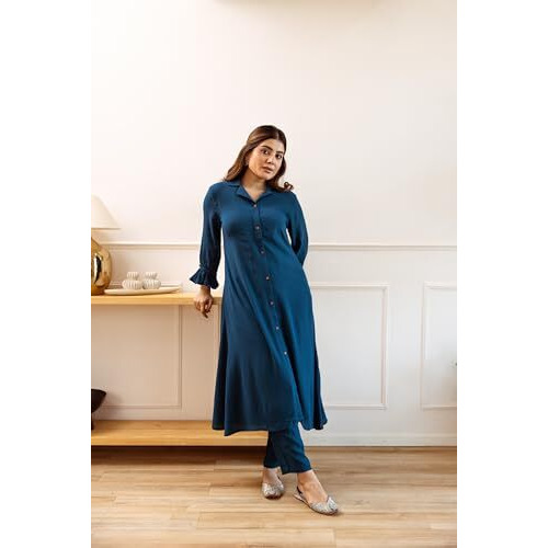 Blue Solid Shirt Collar Rayon Kurta With Pants