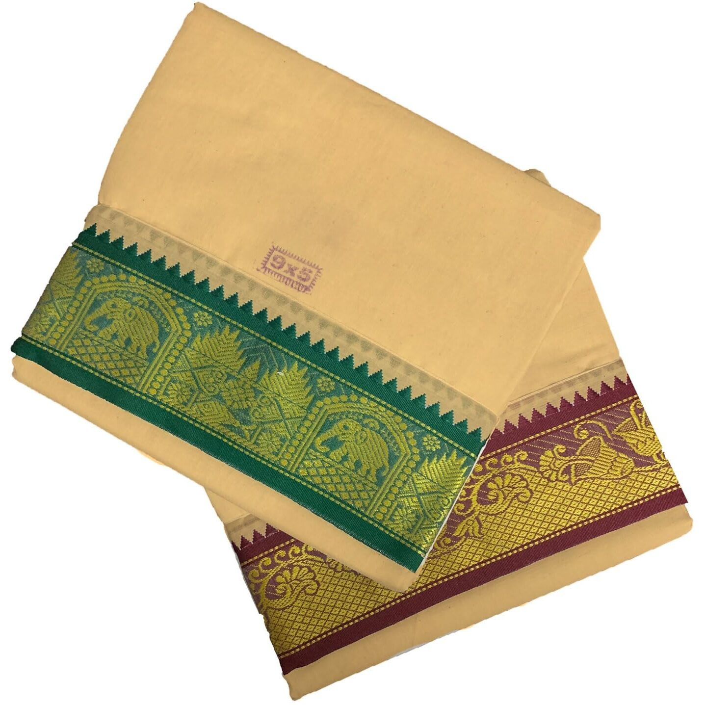 Prakasam Cotton Mens Panchakacham 9X5 Unbleached Cotton Colour Dhoti + Towel Set (Mango)