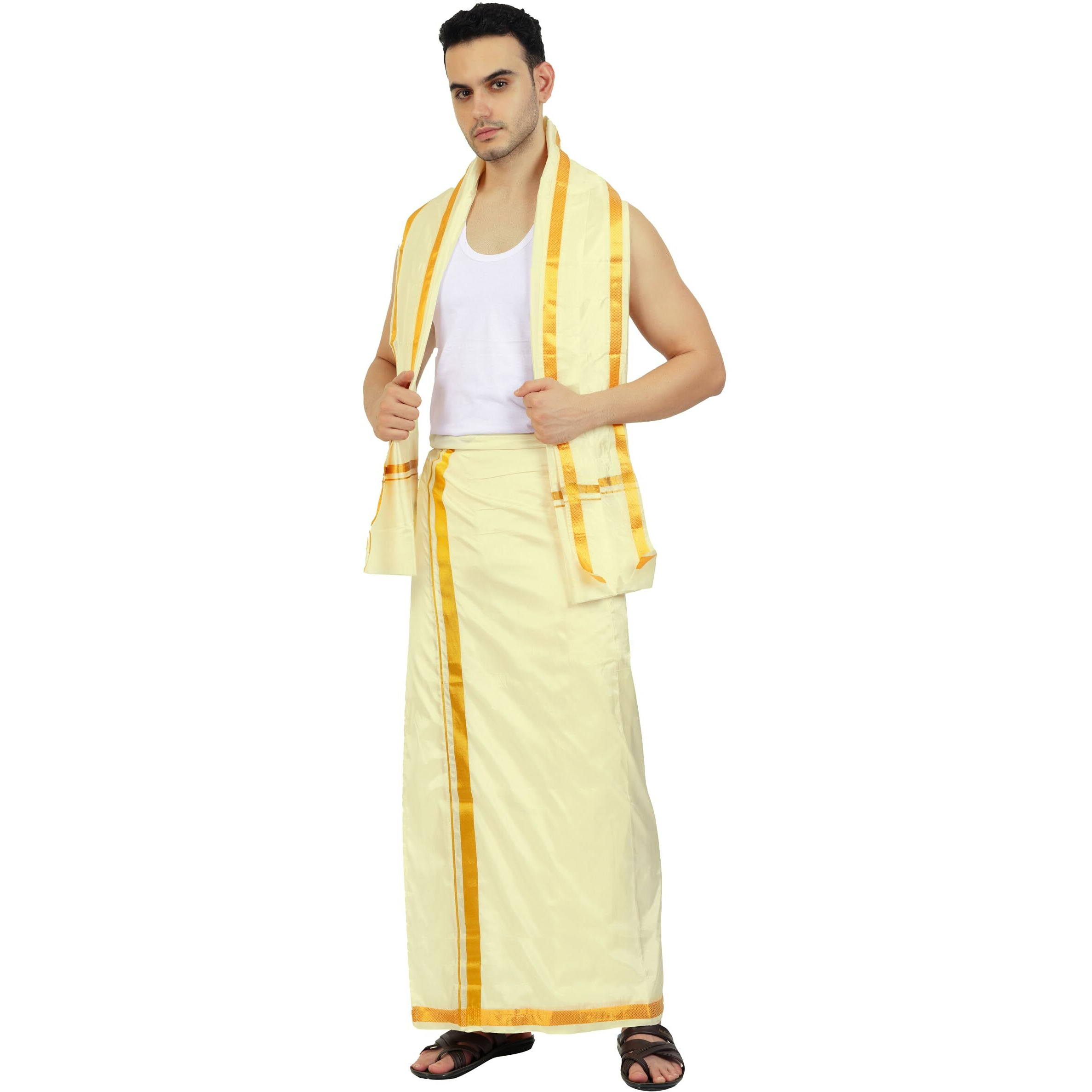 Prakasam Cotton Mens Blended Silk Type Jari Dhoti With Matching Towel/Dhoti 1.28 X 3.60 Meter/1.28 X 1.80 Meter Towel/8 Mulam Vesti & 4 Mulam Towel (Asha-Cream-8X4-006)