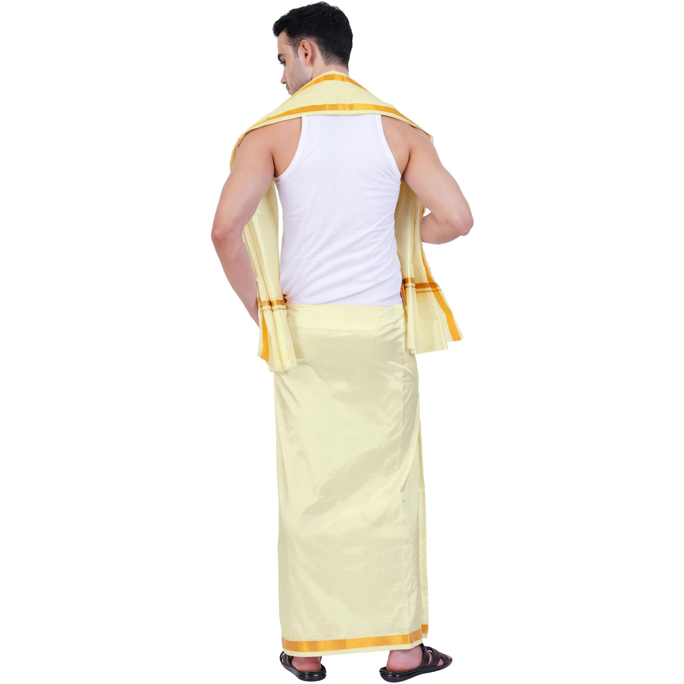 Prakasam Cotton Mens Blended Silk Type Jari Dhoti With Matching Towel/Dhoti 1.28 X 3.60 Meter/1.28 X 1.80 Meter Towel/8 Mulam Vesti & 4 Mulam Towel (Asha-Cream-8X4-006)