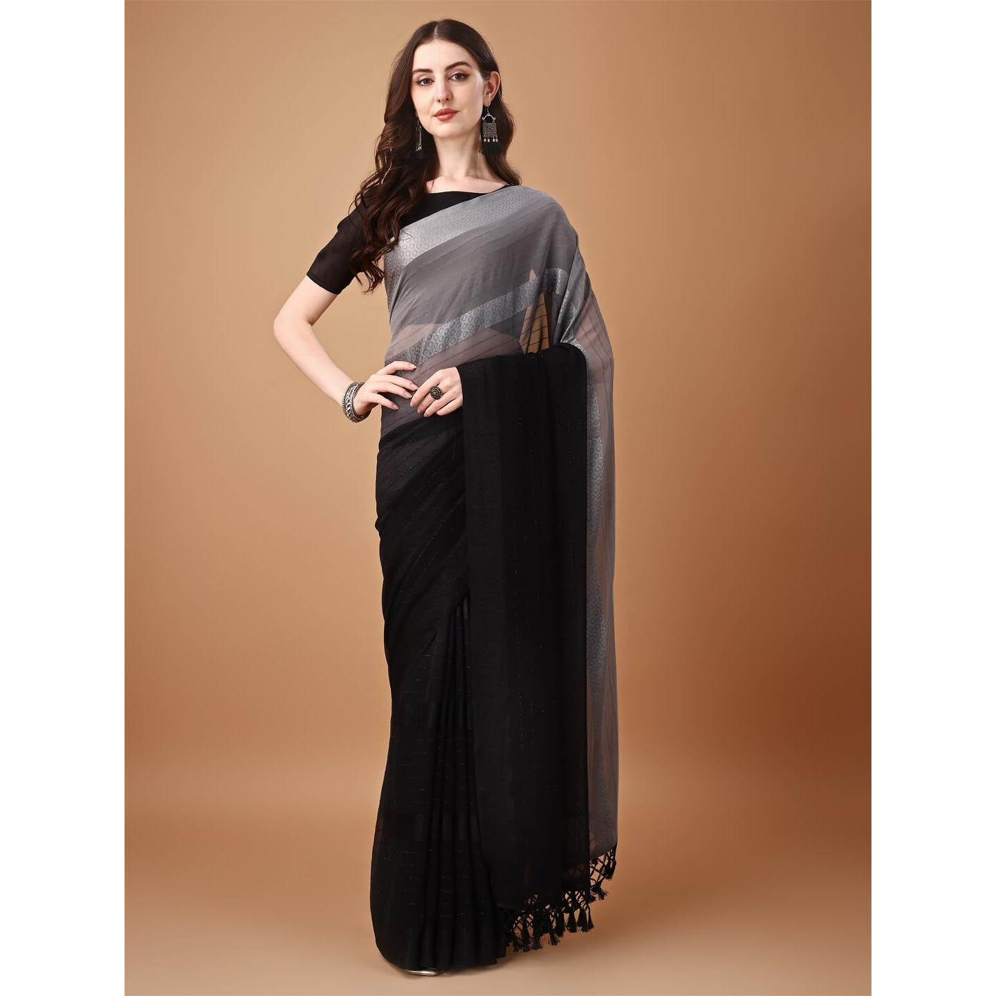Pratham Blue Women's Silk Saree With Blouse Piece |Saree For Women | Women Saree With Blouse Piece | Silk Saree For Women | Printed Fancy Saree (Pb-396_Grey And Black)
