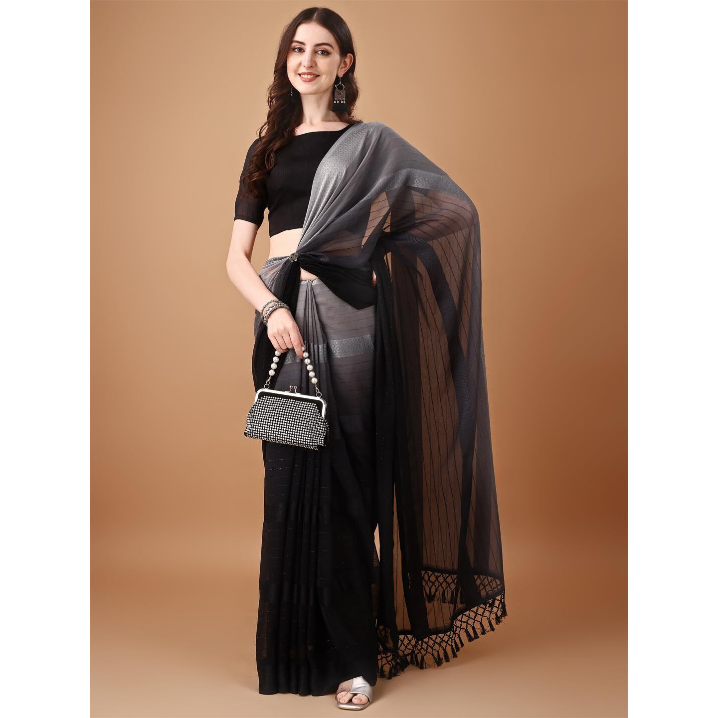Pratham Blue Women's Silk Saree With Blouse Piece |Saree For Women | Women Saree With Blouse Piece | Silk Saree For Women | Printed Fancy Saree (Pb-396_Grey And Black)