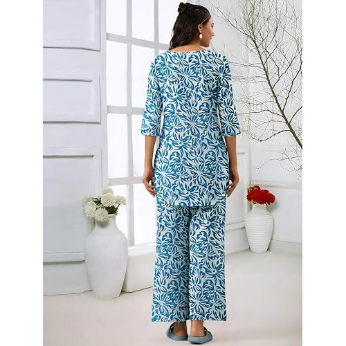 Pinkmint Women's Pure Cotton Co Ord Set L Printed Stylish Top & Bottom Set L Wide-Leg Pant Loungewear L Day-To-Night Comfort Wear Light Blue