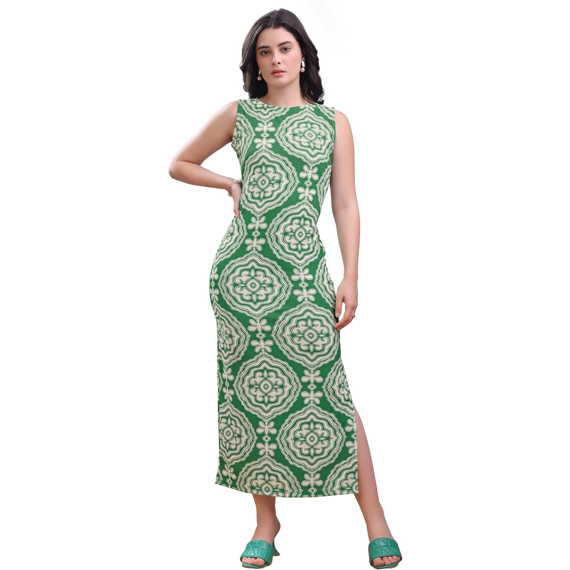 Purvaja Womens Bodycon Maxi Length Dress (Wini-190-Green_Large)