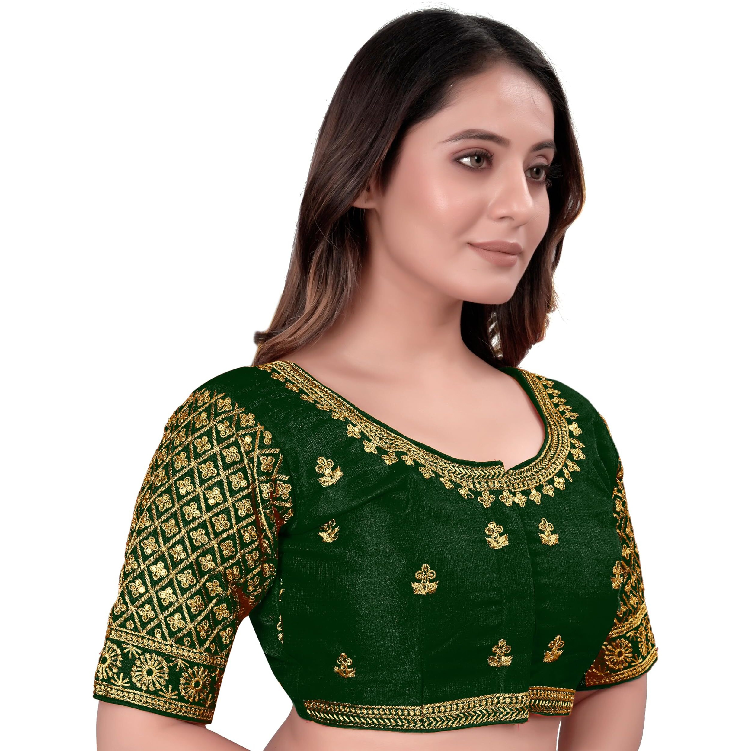 Pujia Mills Women's Blouse Readymade Blouse Embroidery Blouse Readymade Blouses For Women Readymade Blouses For Women Half Readymade Saree Blouse For Women Green Blouse Readymade (Sigma Green 38)