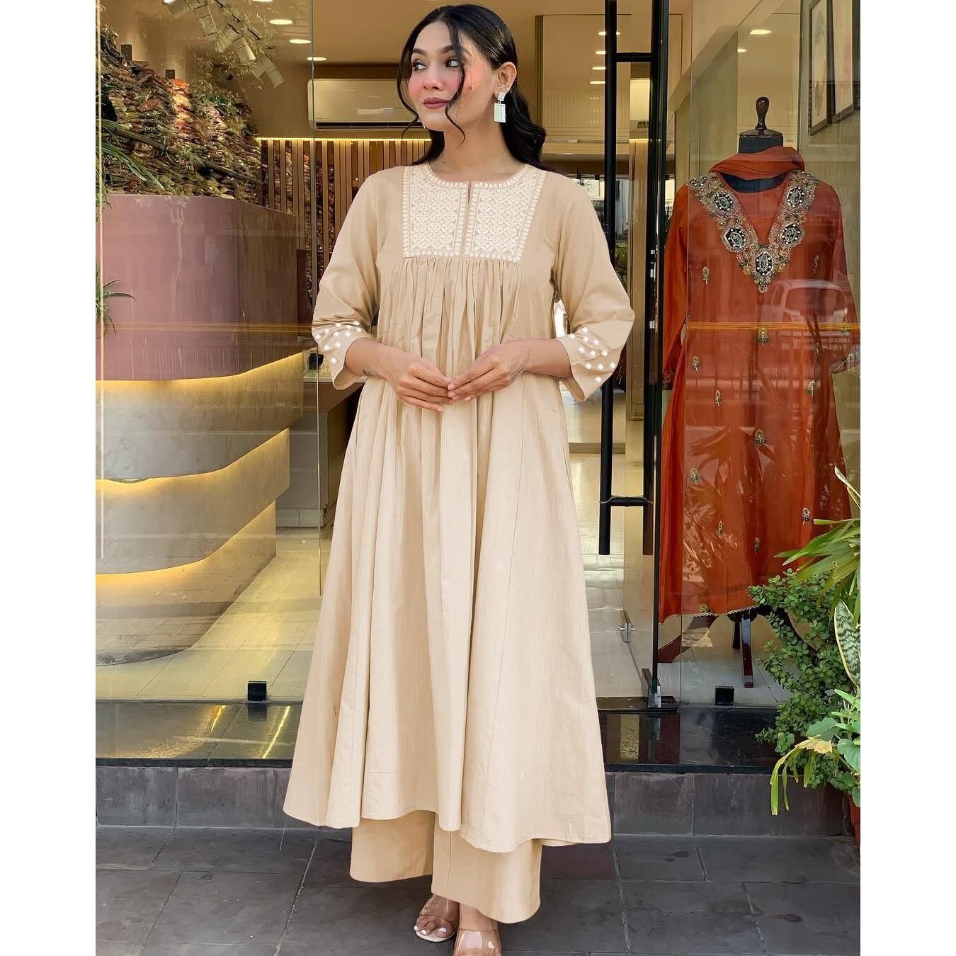 Toochki Women's Muslin Flared Anarkali Embroidered Kurta With Palazzo Beige