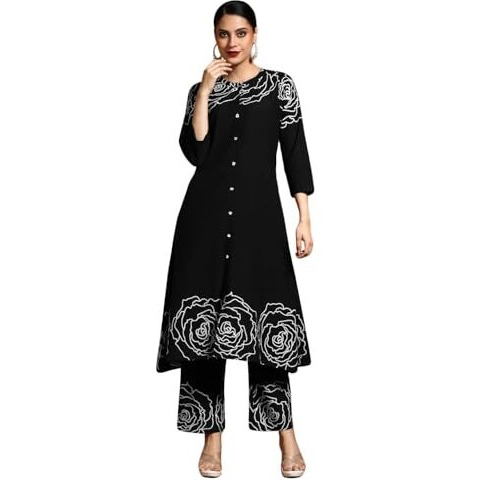 Varanga Women-Bold Floral Placement Printed Flared Kurta With Trouser Black