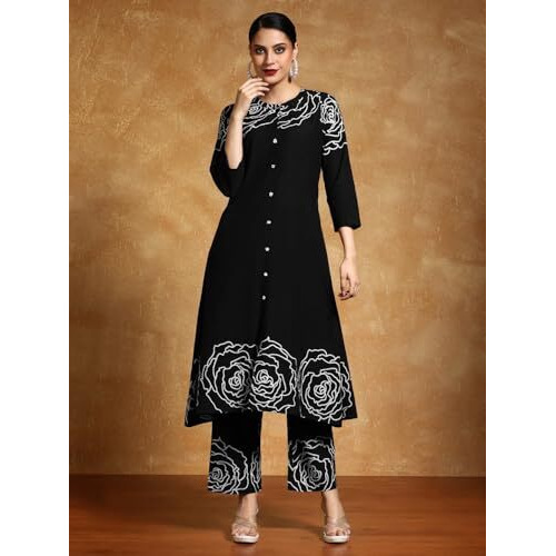 Varanga Women-Bold Floral Placement Printed Flared Kurta With Trouser Black