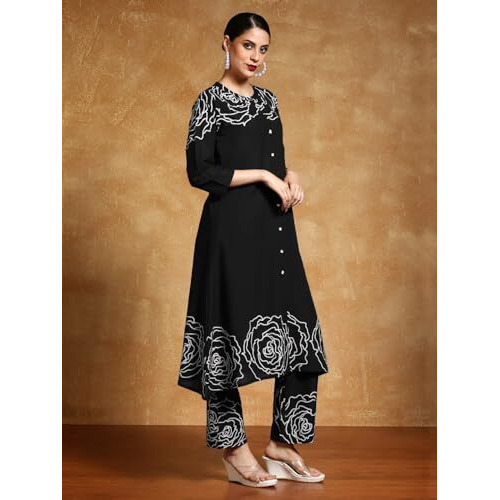 Varanga Women-Bold Floral Placement Printed Flared Kurta With Trouser Black