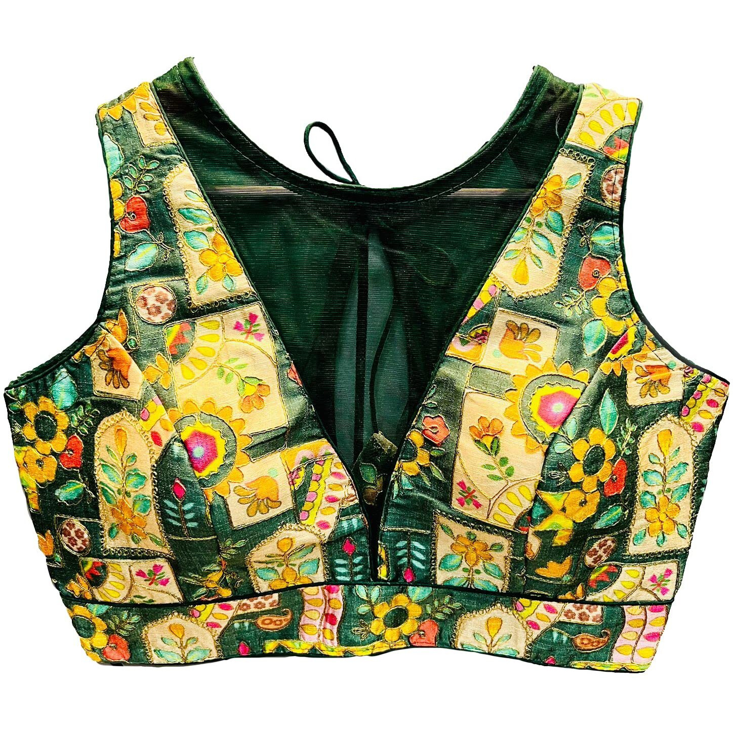 Pujia Mills Women's Phanotm Silk Floral Sleeveless Saree Blouse (Pp 4_Dark Green_38)