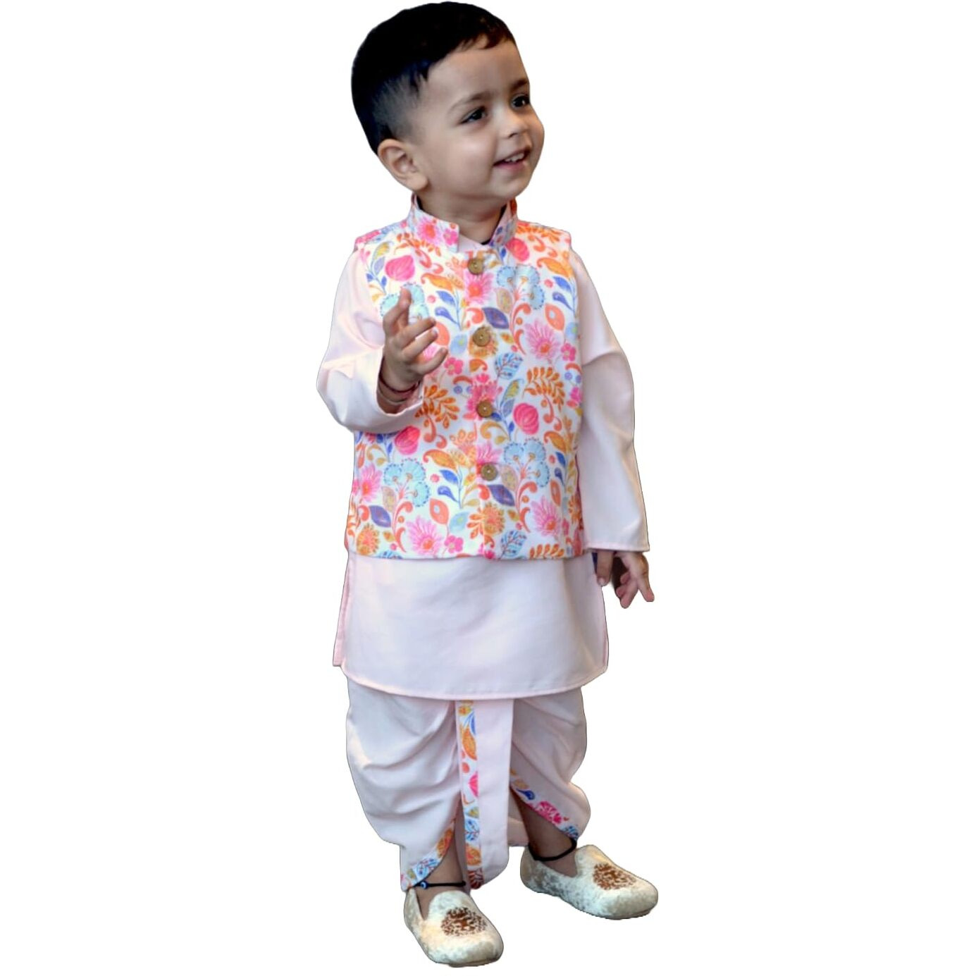 A.T.U.N. (All Things Uber Nice) Boys Pink Kurta Dhoti With Multi Floral Printed Nehru Jacket (3 Piece Set)