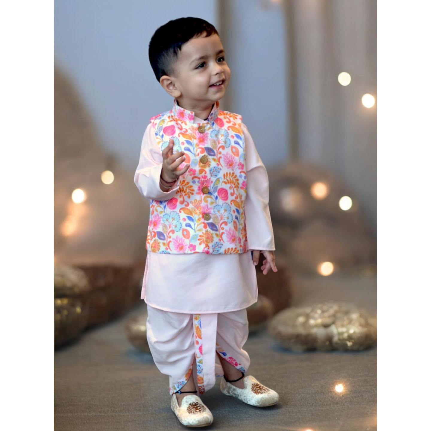 A.T.U.N. (All Things Uber Nice) Boys Pink Kurta Dhoti With Multi Floral Printed Nehru Jacket (3 Piece Set)
