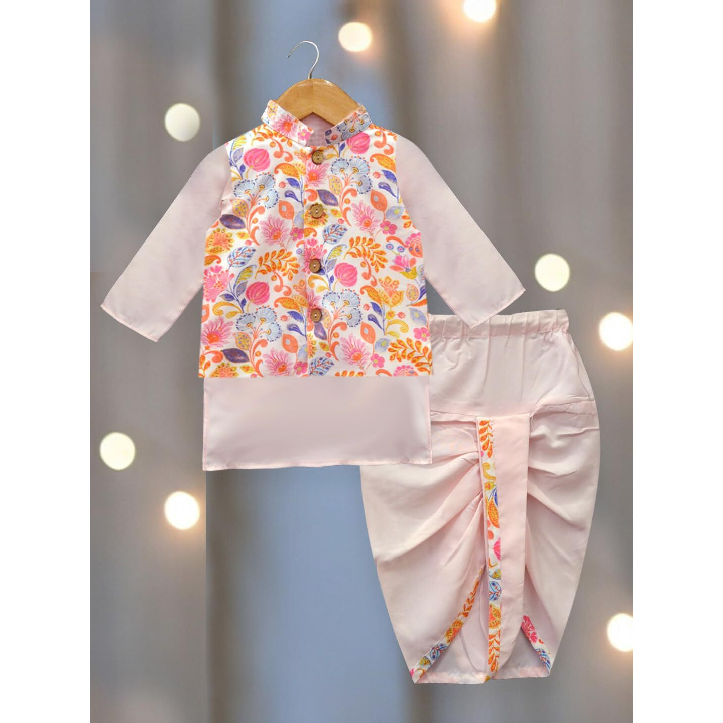 A.T.U.N. (All Things Uber Nice) Boys Pink Kurta Dhoti With Multi Floral Printed Nehru Jacket (3 Piece Set)