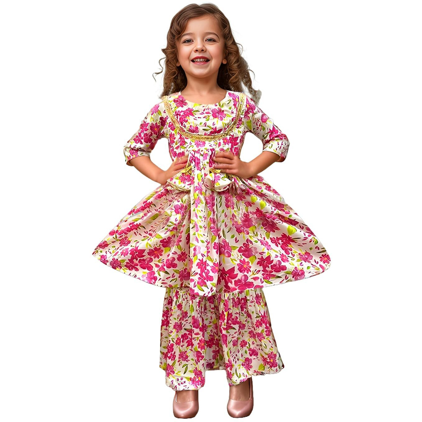 A.T.U.N. (All Things Uber Nice) A.T.U.N. Girls Ethnic Wear Sharara | Floral Pink Printed Kurta With Sharara Set For Girls