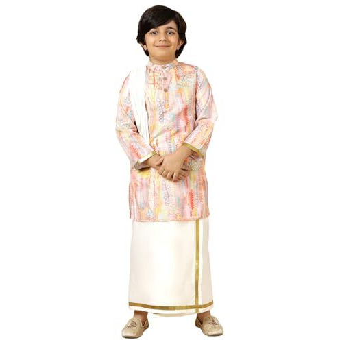 A.T.U.N. (All Things Uber Nice) Boys Peach Printed Kurta With Elasticated Mundu With Underneath Shorts Set