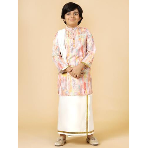 A.T.U.N. (All Things Uber Nice) Boys Peach Printed Kurta With Elasticated Mundu With Underneath Shorts Set