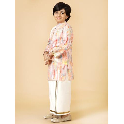 A.T.U.N. (All Things Uber Nice) Boys Peach Printed Kurta With Elasticated Mundu With Underneath Shorts Set