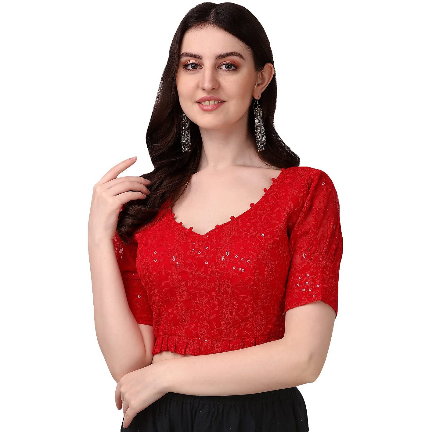 Pujia Mills Women's Georgett Lucknowi Embroidery Puff Sleeve Tie Up Blouse (Lucknowi Tie) (Red, 32)