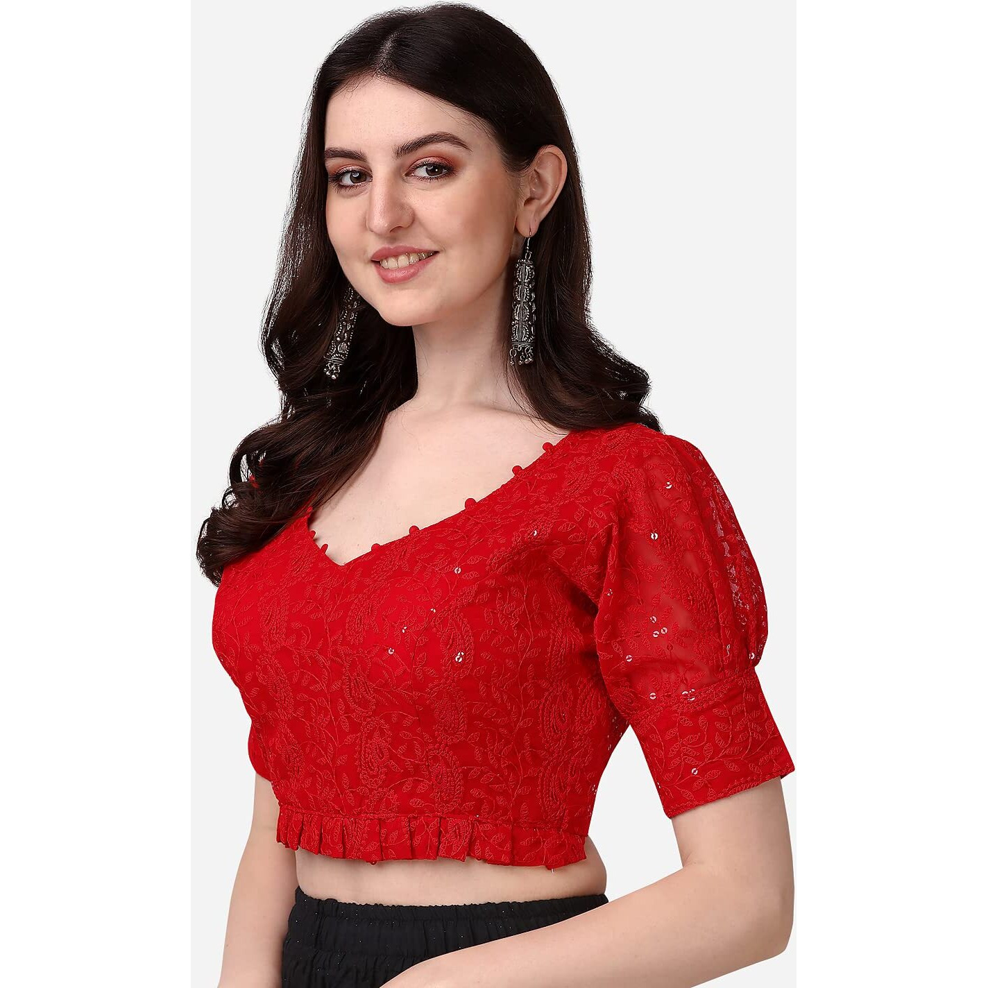 Pujia Mills Women's Georgett Lucknowi Embroidery Puff Sleeve Tie Up Blouse (Lucknowi Tie) (Red, 32)