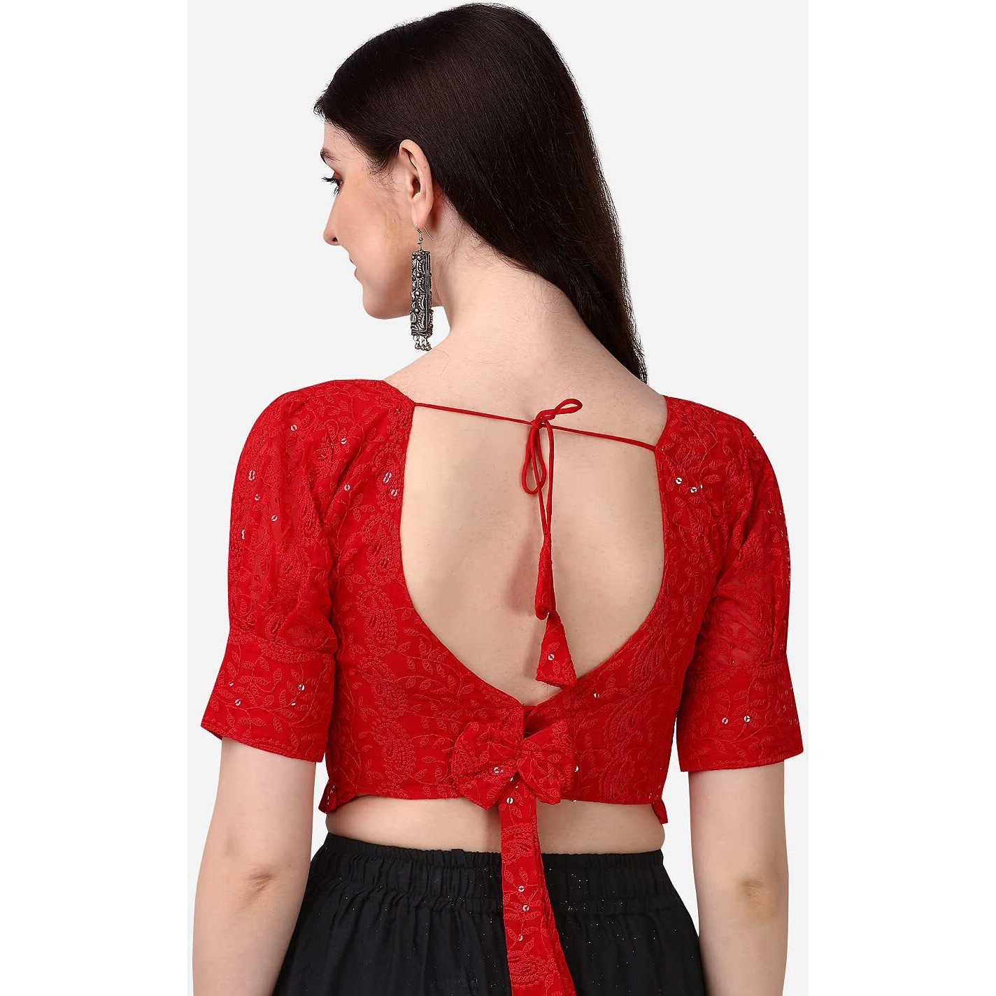 Pujia Mills Women's Georgett Lucknowi Embroidery Puff Sleeve Tie Up Blouse (Lucknowi Tie) (Red, 32)