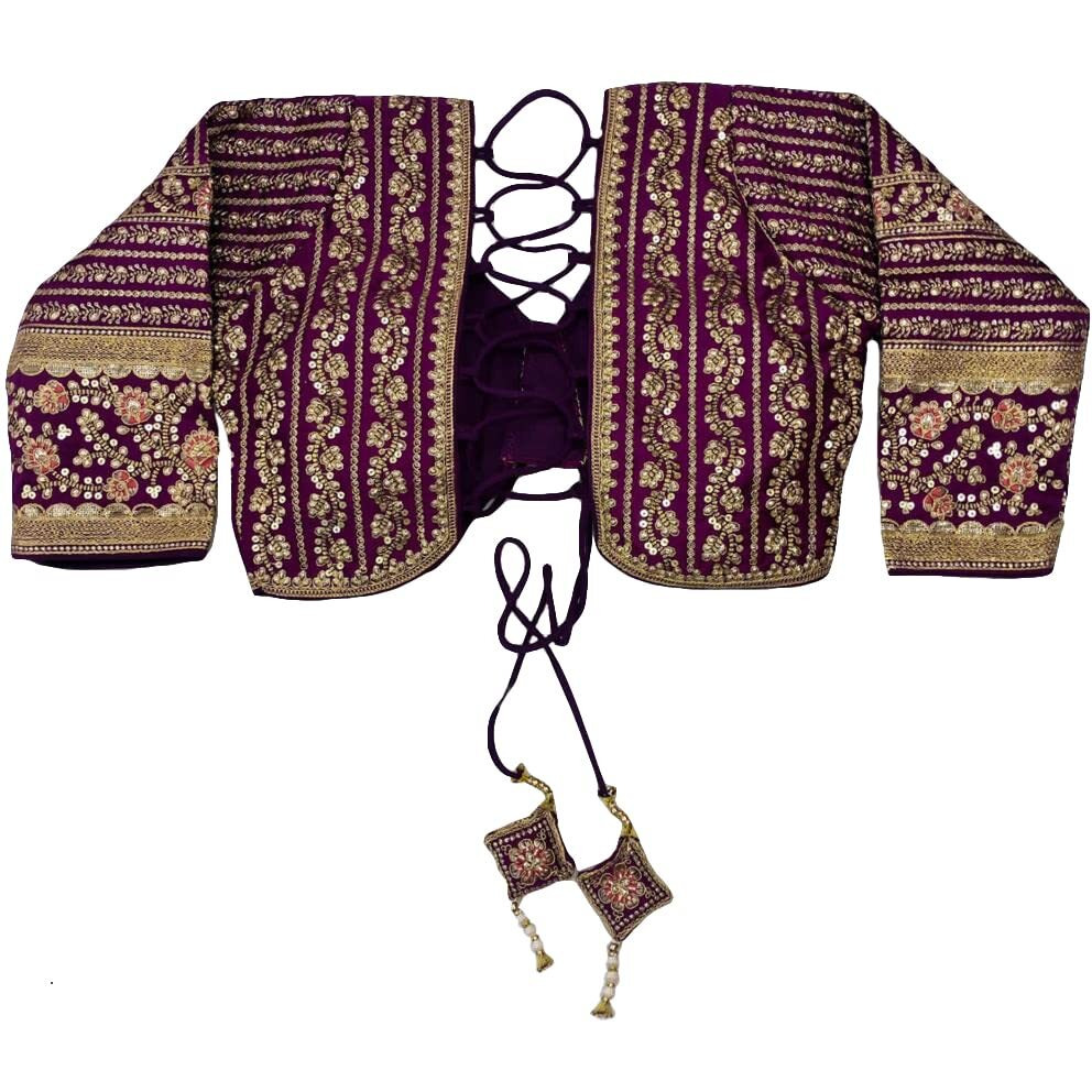 Pujia Mills Women's Heavy Embroidery Coding With Sequins Work 3/4Th Sleeves Fancy Readymade Saree Blouse(Missy Wine_38)