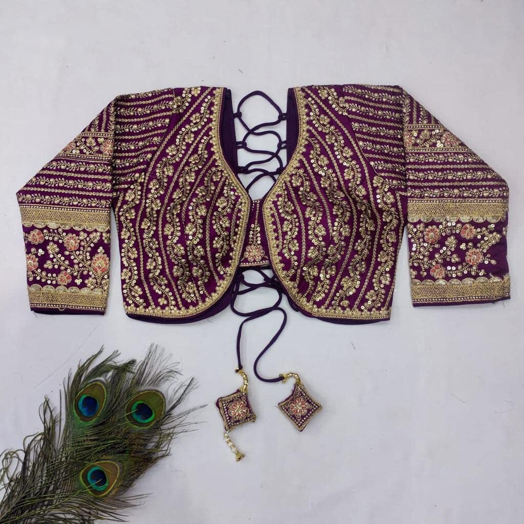 Pujia Mills Women's Heavy Embroidery Coding With Sequins Work 3/4Th Sleeves Fancy Readymade Saree Blouse(Missy Wine_38)