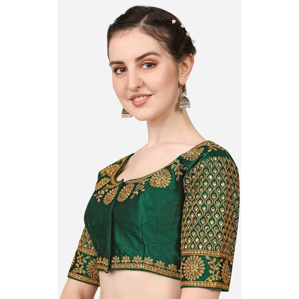 Pujia Mills Women's Phantom Silk Morpankh Half Sleeve Saree Blouse (Morpankh_Green_38 Size+Margin)