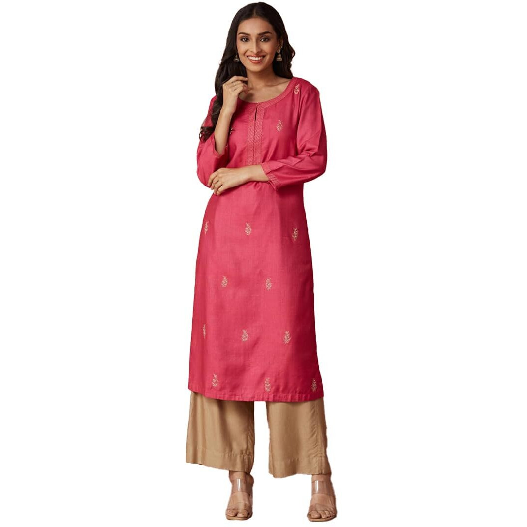Fabindia Women's Viscose Silk Embroidered Regular Kurta (1039101Pink_Pink