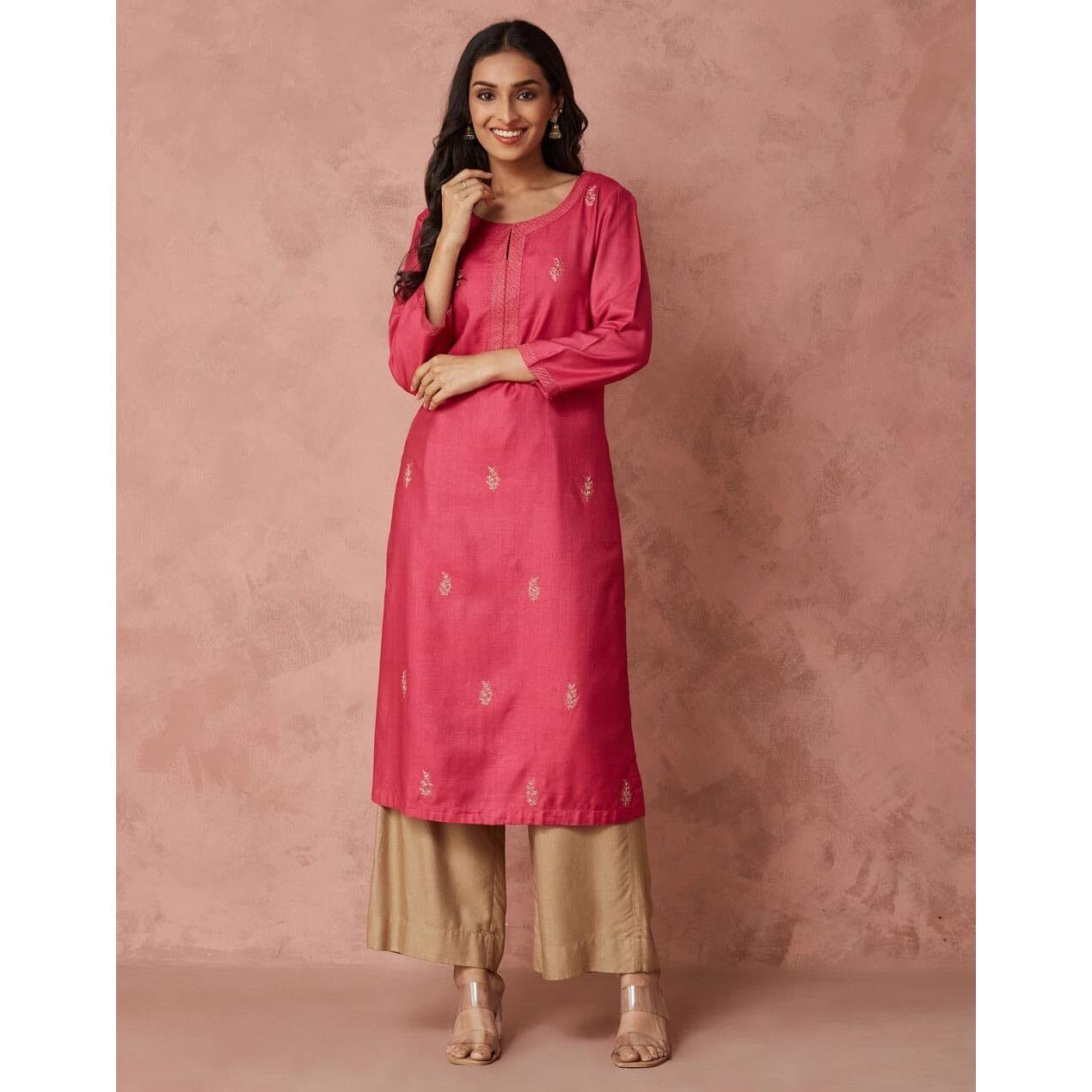 Fabindia Women's Viscose Silk Embroidered Regular Kurta (1039101Pink_Pink